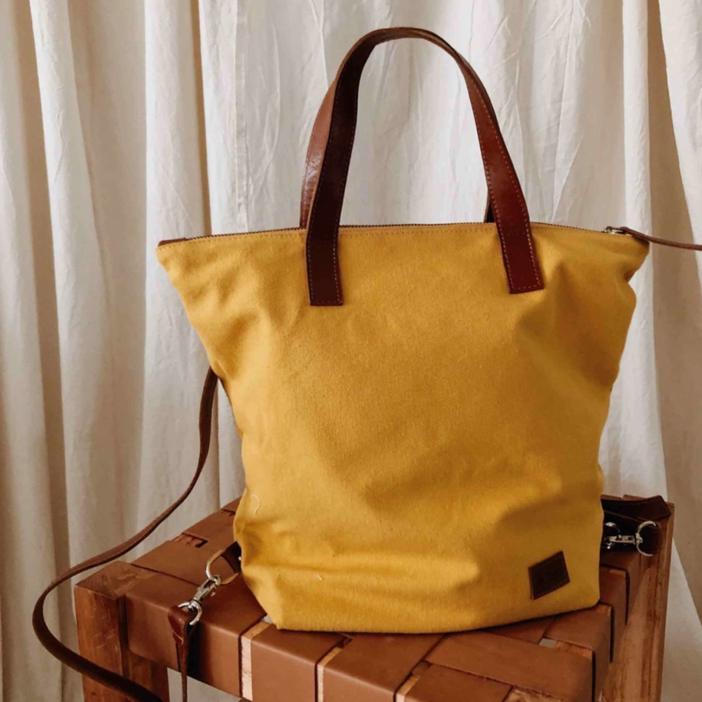 Zoé Leather & Panama Fabric Backpack Mustard